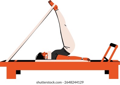 Mulher realizando levantamentos de pernas usando correias reformador, perfeito para blogs de fitness e estúdios de pilates.