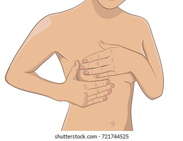 Woman performing monthly breast check, self exam, hands over breasts. Female chest, part of torso. Breast tumor, cancer problem illustration. Realistic style vector.