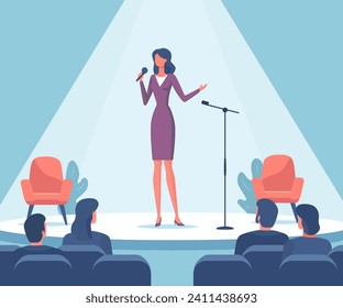 Woman performing on stage in front of audience. Business lecture, event. Flat style vector illustration