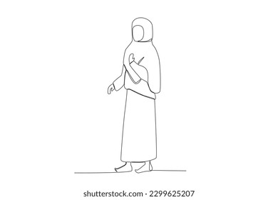 A woman is performing the pilgrimage. Hajj pilgrims one-line drawing