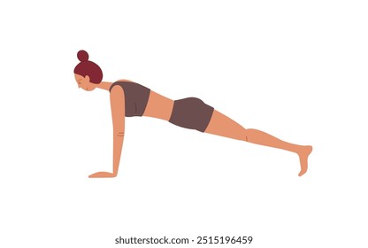 Woman performing a plank exercise in activewear at home during the morning workout session