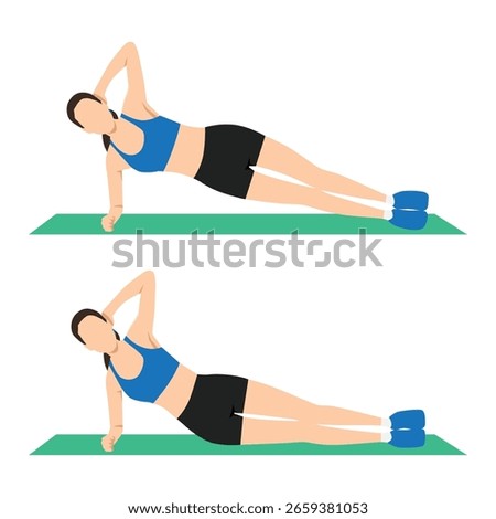 Woman Performing Side Bridge Exercise. Flat vector illustration isolated on white background