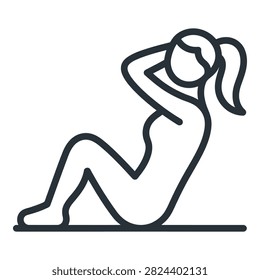 A woman is performing sit-ups on the floor with her hands behind her head in a simple line drawing