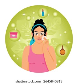 Uma mulher executando uma rotina de cuidados com a pele com removedor de maquiagem. O fundo apresenta elementos decorativos e destaca hábitos de cuidados da pele para beleza e bem-estar. Conceito de rotina de beleza.