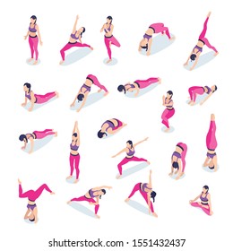 Woman performing stretch fitness gym workout exercises lotus yoga poses isometric icons set pink pants vector illustration 