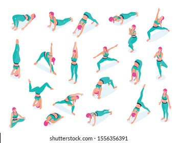 Woman performing stretch fitness gym yoga workout exercises lotus position isometric icons set green wear vector illustration 