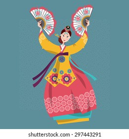 Woman Performing Traditional Korean Fan Dance. Korean Tradition. Vector Illustration