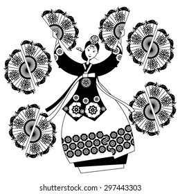 Woman performing traditional Korean fan dance. Korean tradition. Black and white. Vector illustration