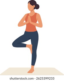 A woman performing the tree pose yoga stance, balancing gracefully with hands in prayer position. The calm posture represents balance, focus, and mindfulness.