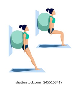 Una mujer está realizando sentadillas en la pared usando una bola de estabilidad. Este ejercicio se dirige a los músculos del cuádriceps y se recomienda para personas con postura de espalda plana. Ilustración vectorial.