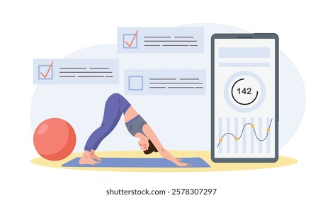 Woman performing yoga on a mat near a fitness ball, surrounded by health tracking elements and a smartphone interface displaying workout stats. Flat cartoon vector illustration