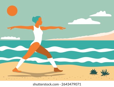 Woman performing yoga warrior pose on a sunny beach by the ocean. Wellness activity for health and fitness.