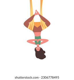 La mujer realiza asana invertida compleja en lienzos o hamaca para yoga aéreo, ilustración vectorial plana aislada en fondo blanco. Entrenamiento deportivo aéreo de yoga.
