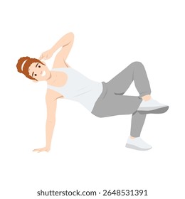 Woman performs a dynamic dance move, balancing on one hand with style and confidence. Flat vector illustration isolated on white background