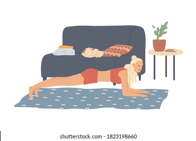 Woman performs an elbow plank exercise, home workout.