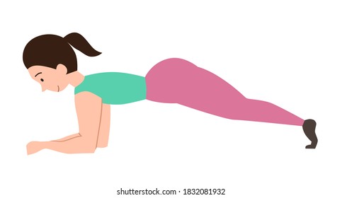 Woman performs an elbow plank exercise, leaning on her elbows. Sports exercises for the whole body. Vector illustration on a white isolated background