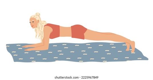 Woman performs an elbow plank exercise, home workout