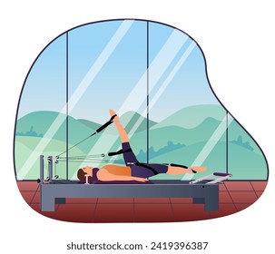 A woman performs exercises on a Pilates reformer. Background - high windows, outside the window there is nature, mountains, trees, blue sky. Atmospheric. Vector illustration