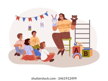 Woman performs the hands puppet show for children in the kindergarten vector flat illustration. Cute kids entertainment theater. Cartoon animals glove puppet toys performance