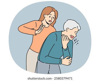 Woman performs heimlich maneuver for choking old man who needs help due to airway obstruction. Sick human choked on food and coughed standing near girl ready to do heimlich maneuver