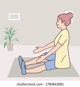 A woman performs physical exercises at home on the floor on a mat. Training sports as habits of a healthy lifestyle. Vector illustration in flat styles, cartoon character.
