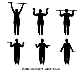 A Woman Performs Physical Exercises With A Stick In Her Hands. An Older Woman Raises, Lowers Her Hands Up. Sports And The Elderly. Front View, Full Face. Six Black Female Silhouettes Isolated On White