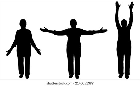 A woman performs physical exercises while standing still: arms down, arms at the sides, raised up. The women raise both hands simultaneously. Front view. Three silhouettes are isolated on a white.