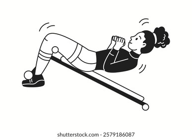 Woman performs sit ups on decline bench linear icon. Sportive lady engages in fitness workout doodle character doodle thin line illustration