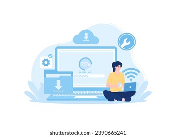 una mujer realiza una actualización de la instalación de software en una ilustración plana del concepto de tendencia de un portátil
