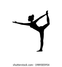 Woman performs sports exercises, black silhouette on white background. Slim girl practices yoga asana. Gymnast lifts up his leg and stretches forward.  Yoga complex. Vector illustration