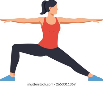 Woman performs warrior yoga pose wearing a red tank top and black leggings in a flat vector style with a calm and focused mood.