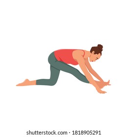 Woman performs yoga asana Ardha Hanumanasana or Half Monkey Pose on rug. Flat vector illustration isolated on white background