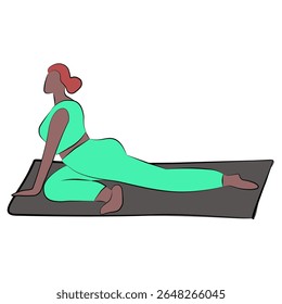 Uma mulher realiza um alongamento de pose de ioga fornece uma maior gama de movimento e flexibilidade. Uma pose de pombo pode ser um grande alongamento pós-treino para flexores de quadril e glúteos.