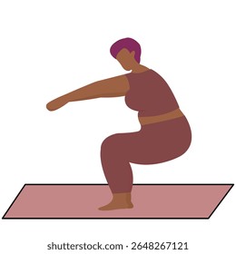 Uma mulher realiza um alongamento de pose de ioga fornece uma maior gama de movimento e flexibilidade. Ginástica feminina, aeróbica e exercícios. Ilustração de vetor.