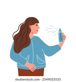 Mujer con perfume. Belleza, moda, spray, concepto de publicidad. Mujer hermosa feliz joven que rocía el perfume con gran aroma en su piel. Ilustración vectorial de la publicidad de Colonia.