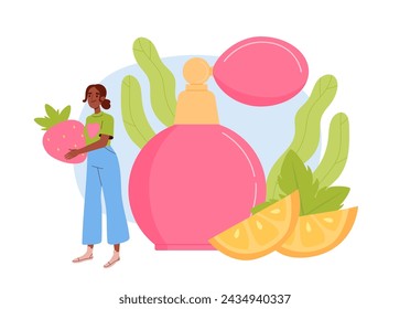 Woman with perfume. Young girl with bottle near slies of lemons and straberries. Fragnance and cologne with good aroma and spell. Cartoon flat vector illustration isolated on white background