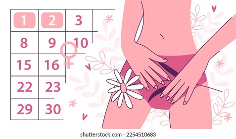 Woman and period calendar. Women's menstrual cycle check dates. Menstruation calendar. The woman is holding a flower. Vector illustration