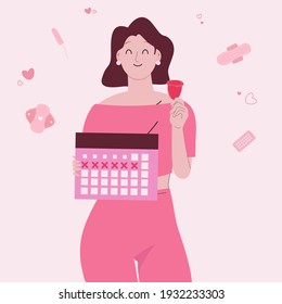 Woman period day concept. Woman holding calendar and menstrual cup.