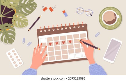 Woman period. Girl check menstruation calendar shedule. Top view. Female menstrual cycle. Vector illustration in flat cartoon style.