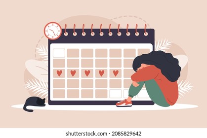 Woman period. Menstruation calendar shedule. Female critical day problems. Sad girl with pms. Vector illustration in flat cartoon style.