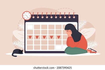 Woman period. Menstruation calendar shedule. Female critical day problems. Sad arab girl in hijab with pms. Vector illustration in flat cartoon style.