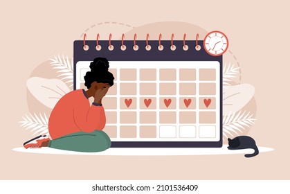 Woman period. Menstruation calendar shedule. Female critical day problems. Sad african girl with pms. Vector illustration in flat cartoon style.