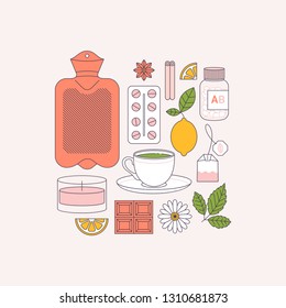 Woman period remedies. Medications, hot water bottle, green tea, candle, chocolate, lemon, camomle. Flat line art. Vector illustration