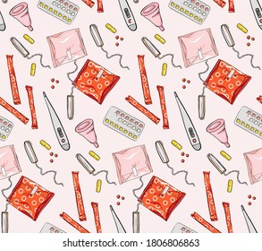 Woman period tools: sanitary napkins, period pads, tampons, vaginal cups, birth control protection, pms menstruational signs. Hand Drawn background, female illustration .