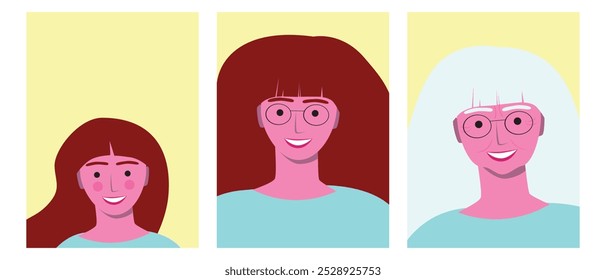 Proceso de envejecimiento de la persona de la mujer, ilustración de stock de Vector plano premium o conjunto con mujer a diferentes edades, adulto, niño, mayor