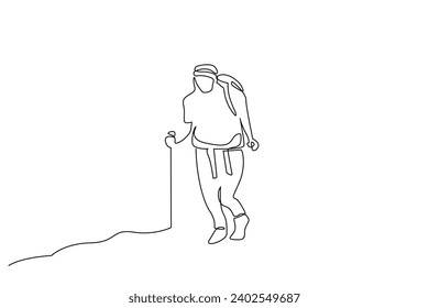 woman person backpack season nature hiking trekking activity one line art design