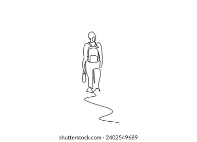 woman person backpack season nature hiking trekking activity one line art design