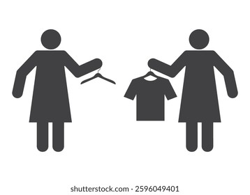 Woman person with casual clothes t-shirt hanging on hanger in hand icon