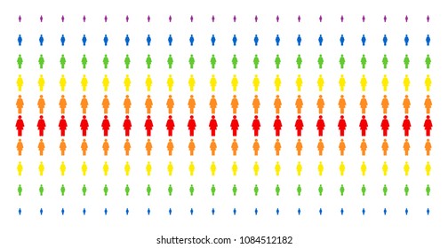 Woman Person icon rainbow colored halftone pattern. Vector objects arranged into halftone grid with vertical spectrum gradient. Designed for backgrounds, covers, templates and abstraction effects.