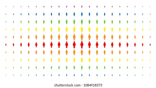 Woman person icon rainbow colored halftone pattern. Vector woman person items are organized into halftone grid with vertical rainbow colors gradient. Designed for backgrounds, covers,